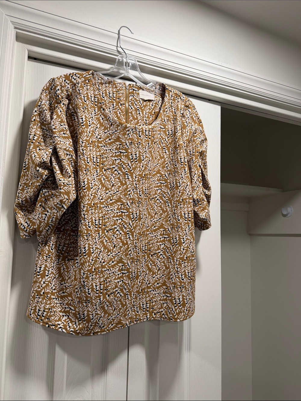 MELLODAY Mustard Leaf-Print Round-Neck Blouse